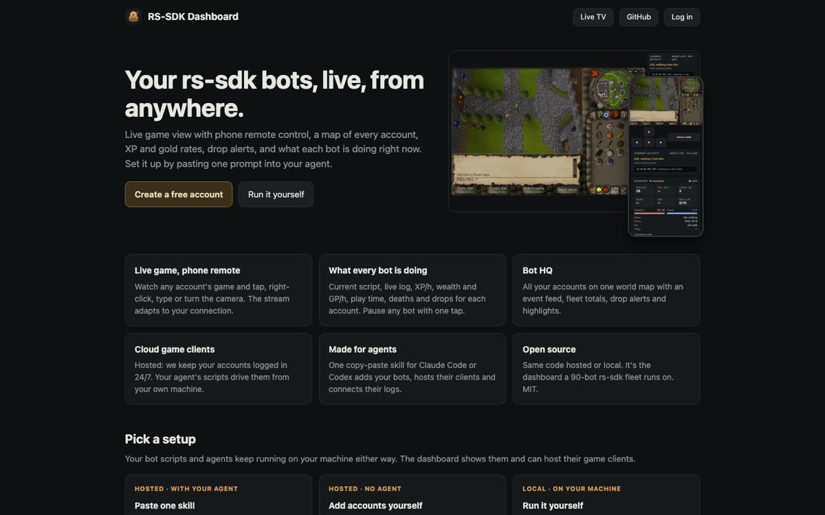 RS-SDK Dashboard landing page: live game view, bot HQ and per-bot stats
